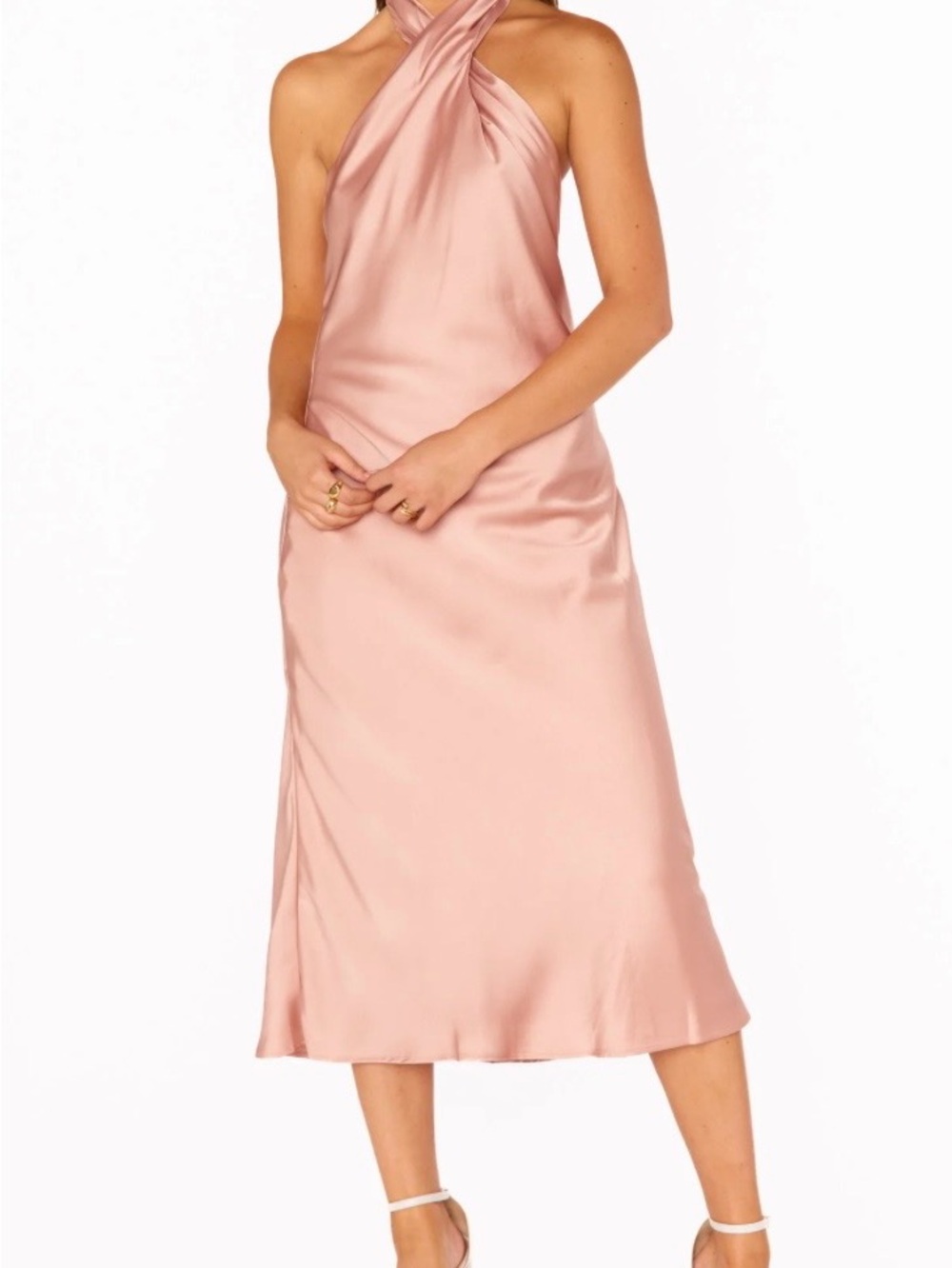 Show me your mumu Jasmine halter backless slip midi dress rose gold luxe satin